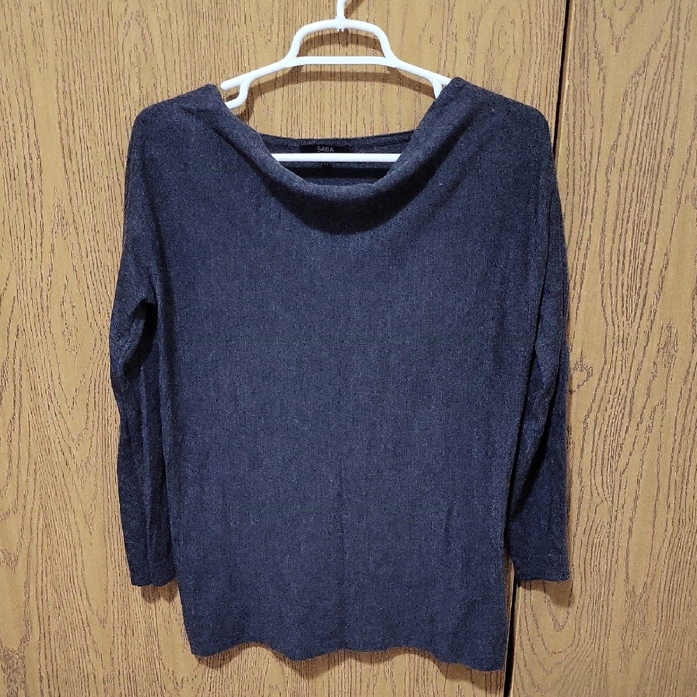 SABA Women's Dark Grey 3/4 Sleeve Pullover Knit Cowl Neck Fine Merino Wool Sz M